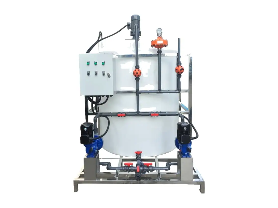 Chemical dosing system with a chemical tank, two metering pumps and a control panel