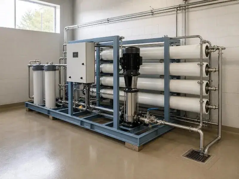 Commercial RO system with membrane vessels, pump and control panel on a steel frame