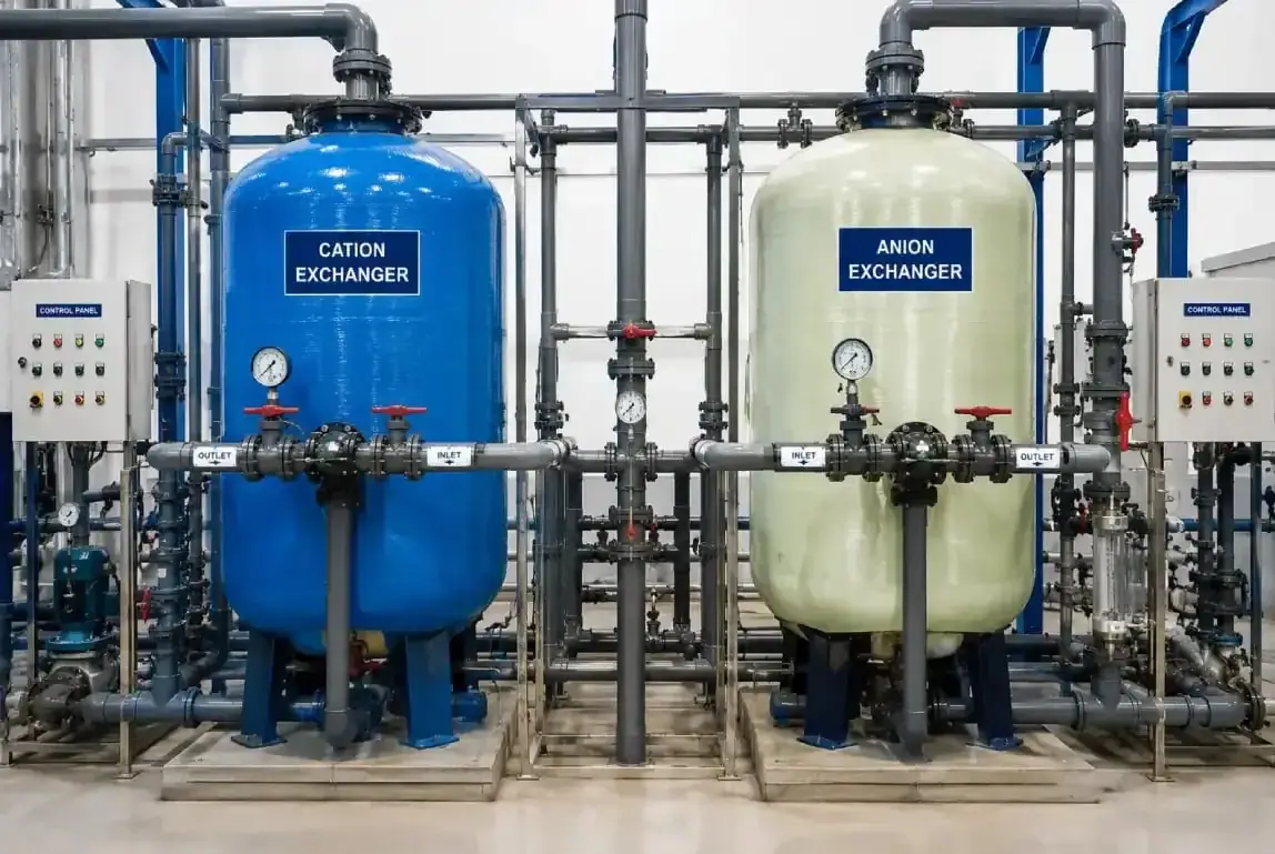 Demineralization plant with cation exchanger and anion exchanger vessels