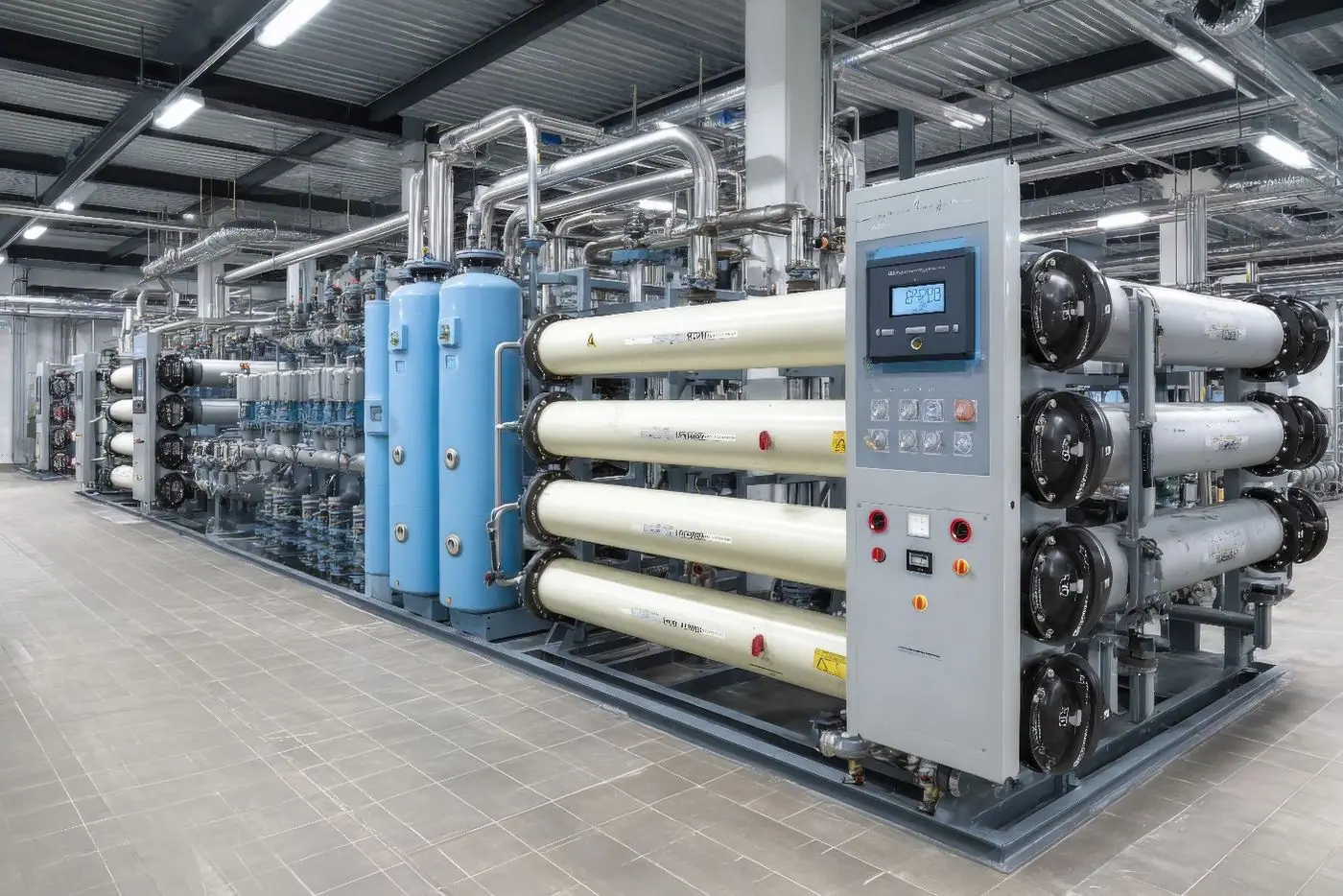 Seawater RO plant with high-pressure membrane vessels and control panel